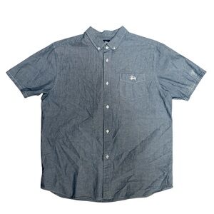 Vtg Stussy Worldwide Men’s Short Sleeve Button Up Shirt Blue Fitted Size 2XL